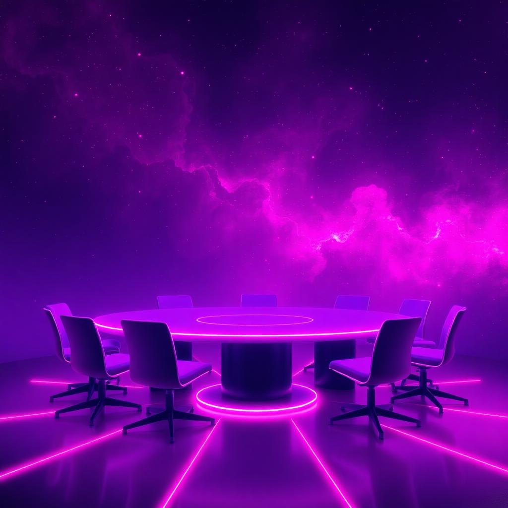 Neon-lit circular boardroom table set against a purple nebula backdrop