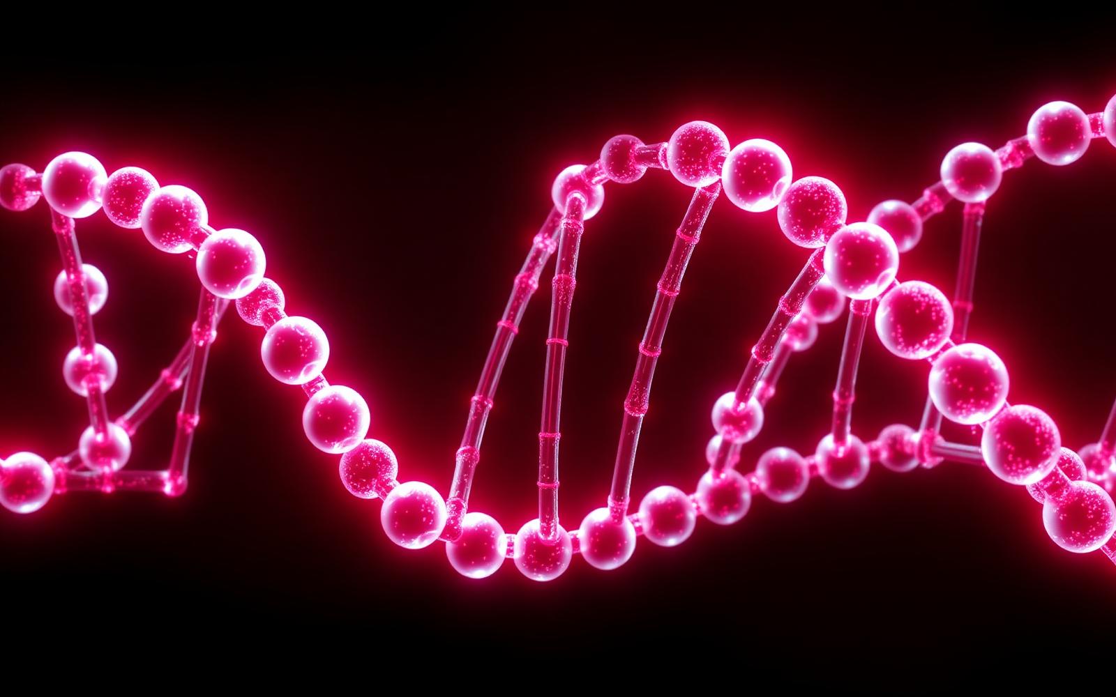 Digital rendering of a DNA double helix with glowing magenta connections on a dark background