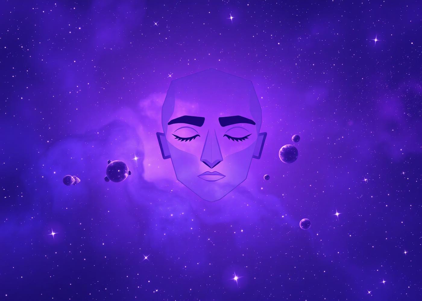 Geometric human face illustration with a cosmic purple nebula background